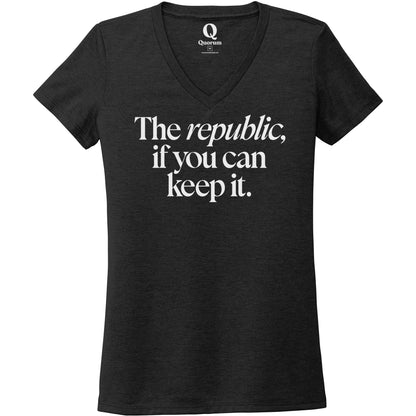 "The republic, if you can keep it." Quorum Women's Tri-Blend V-Neck editorial print in Space Black