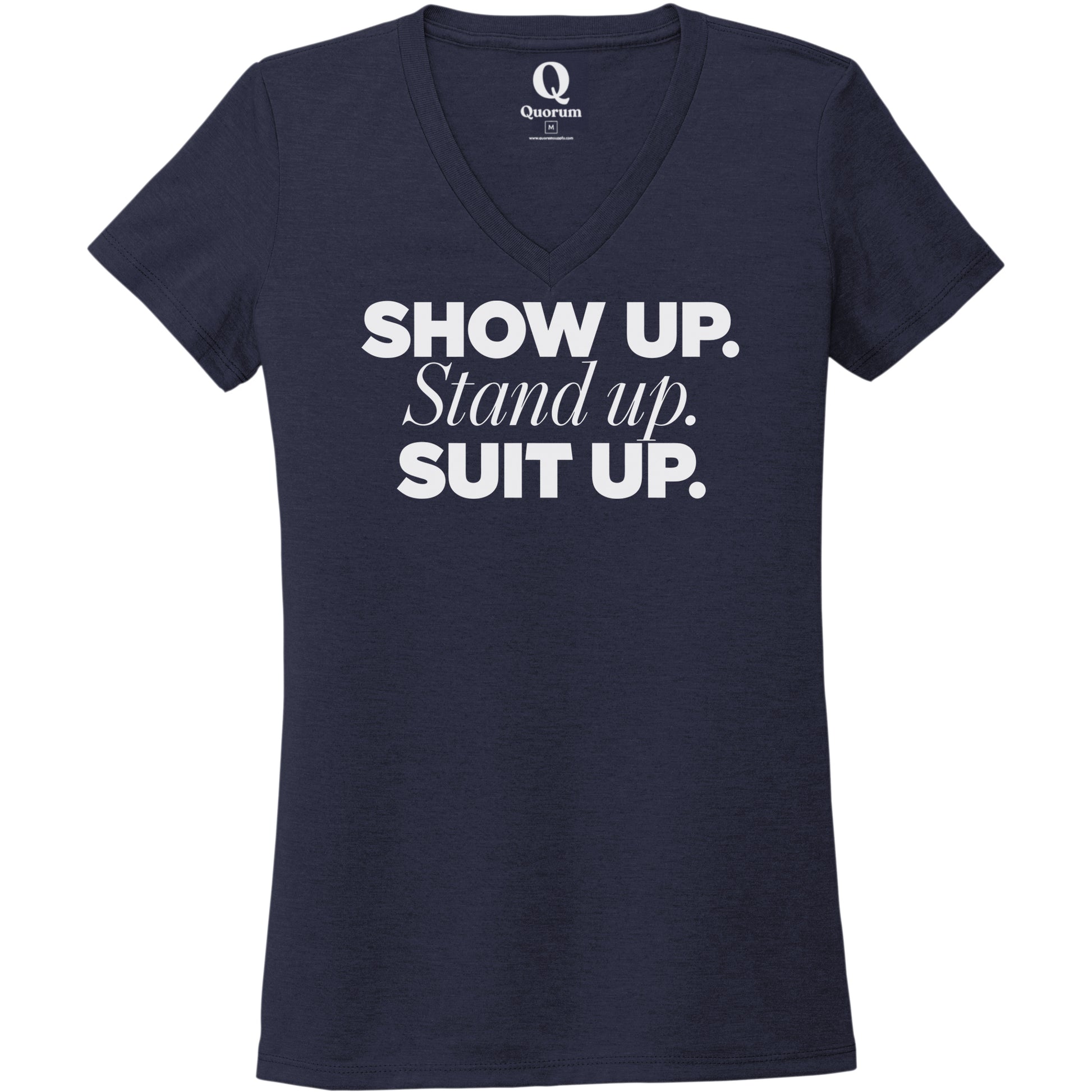 "Show Up." Quorum Women's Tri-Blend V-Neck editorial print in Night Sky Navy