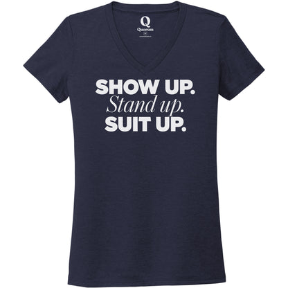 "Show Up." Quorum Women's Tri-Blend V-Neck editorial print in Night Sky Navy