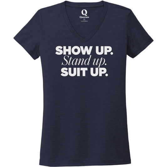 "Show Up." Quorum Women's Tri-Blend V-Neck editorial print in Night Sky Navy