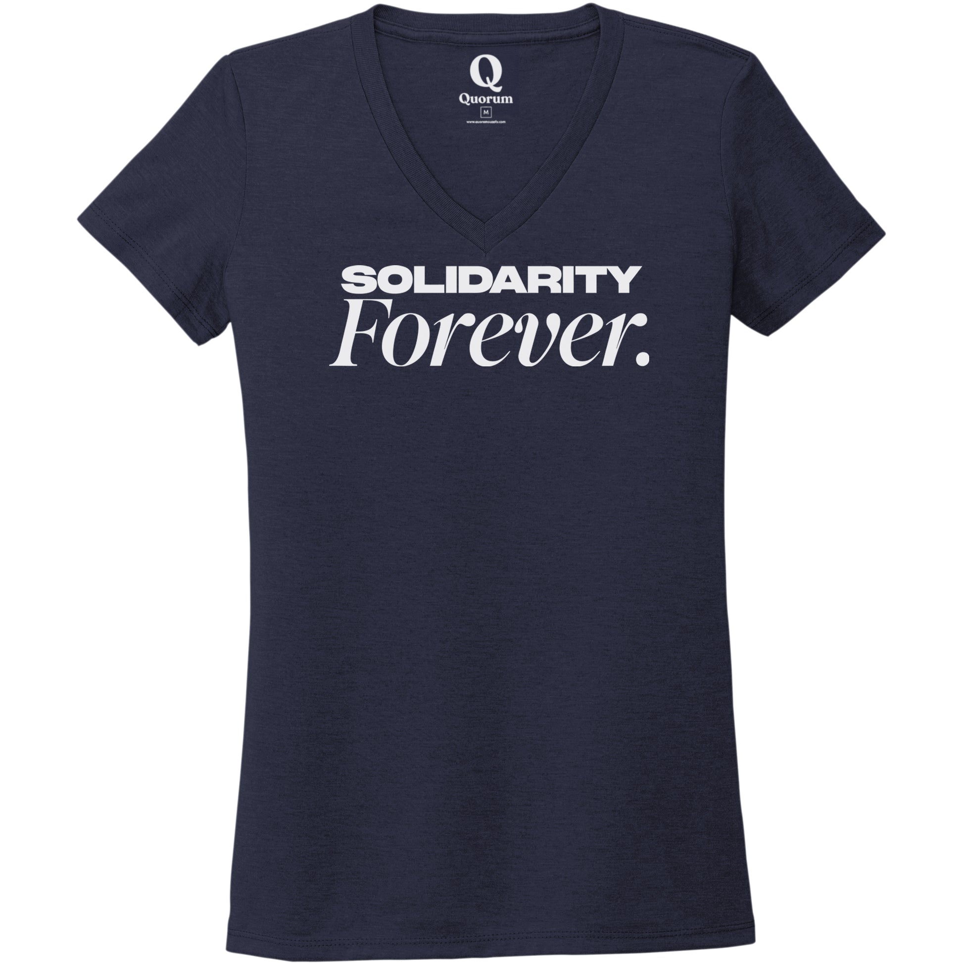 "Solidarity Forever." Quorum Women's Tri-Blend V-Neck editorial print in Night Sky Navy