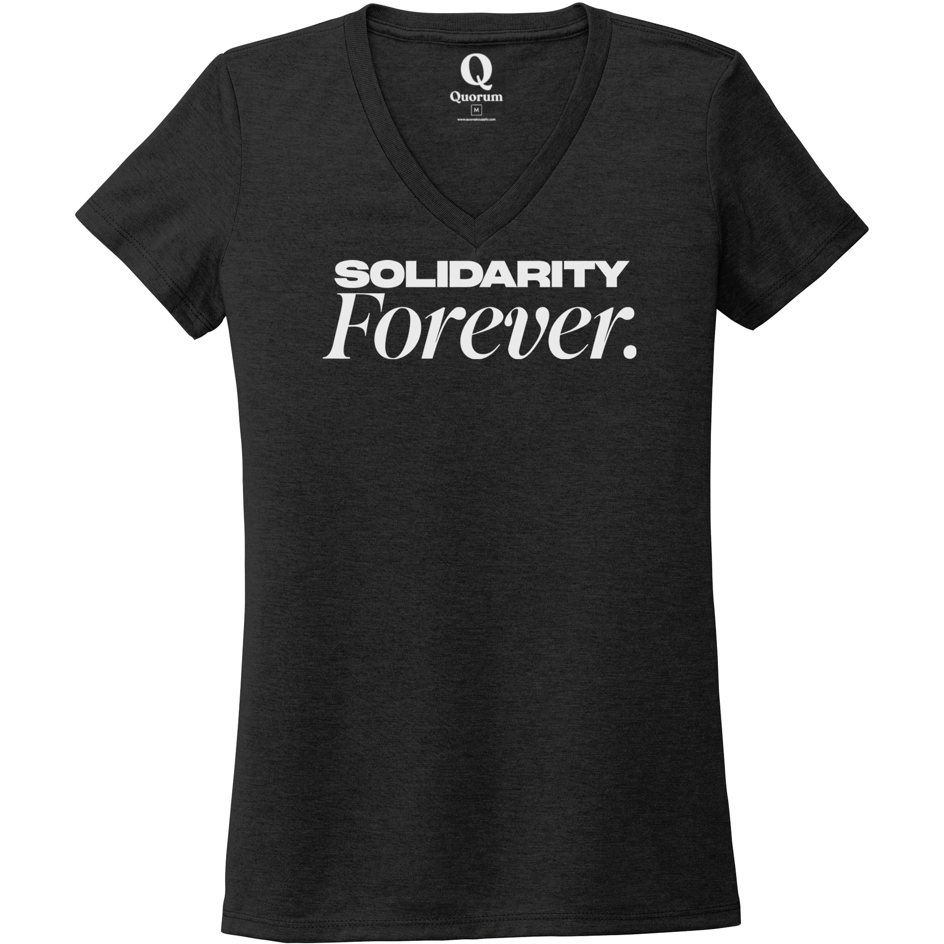 "Solidarity Forever." Quorum Women's Tri-Blend V-Neck editorial print in Space Black