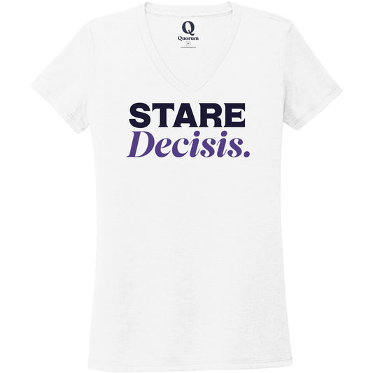 "Stare Decisis." Quorum Women's Tri-Blend V-Neck front print in Bright White