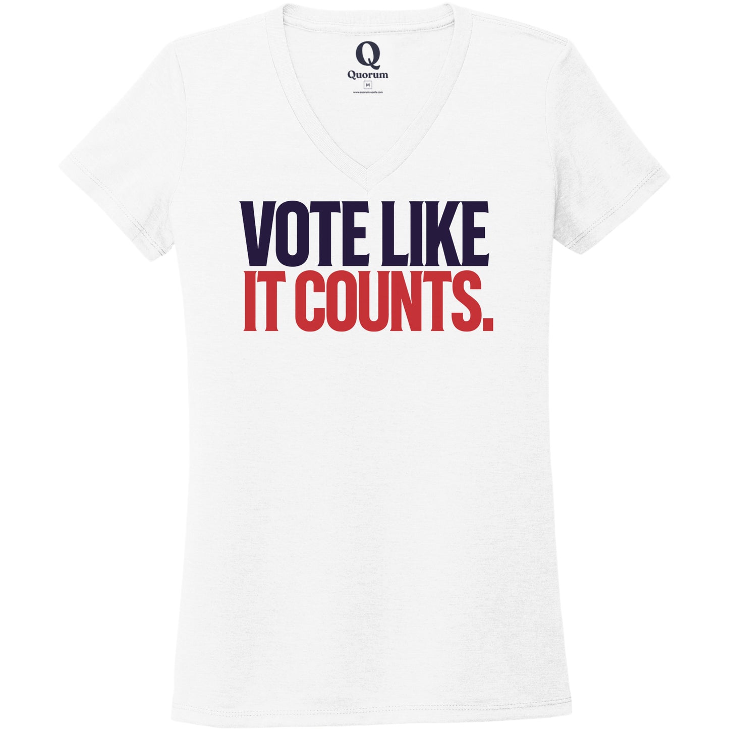 "Vote like it counts." Quorum Women's Tri-Blend V-Neck front print in Bright White