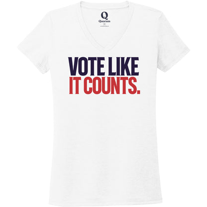 "Vote like it counts." Quorum Women's Tri-Blend V-Neck front print in Bright White