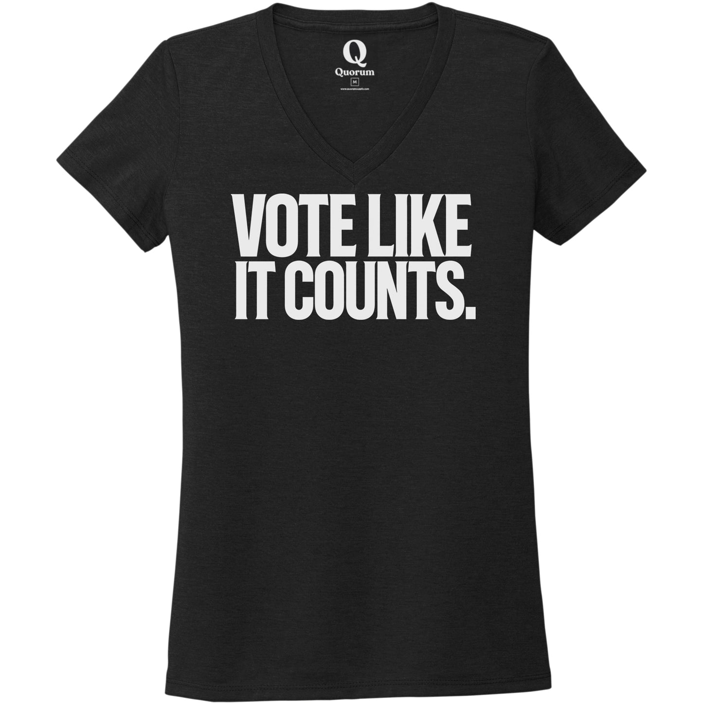 "Vote like it counts." Quorum Women's Tri-Blend V-Neck editorial print in Deep Black