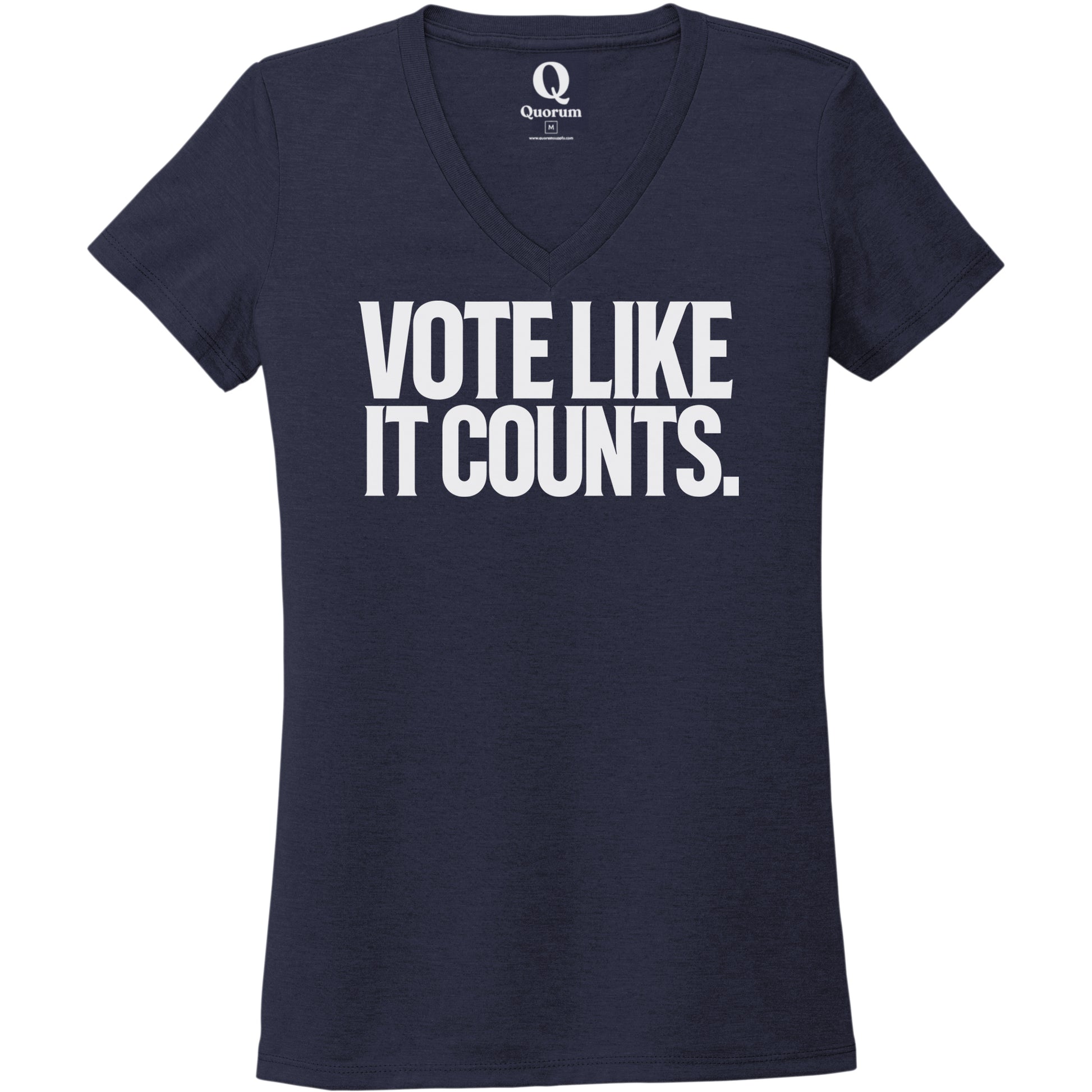 "Vote like it counts." Quorum Women's Tri-Blend V-Neck editorial print in Night Sky Navy