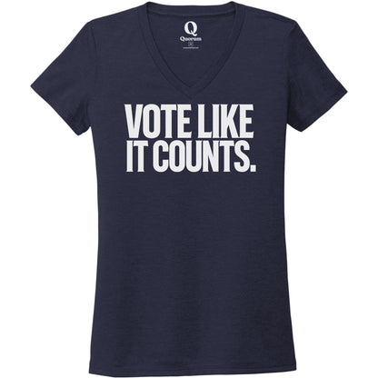 "Vote like it counts." Quorum Women's Tri-Blend V-Neck editorial print in Night Sky Navy