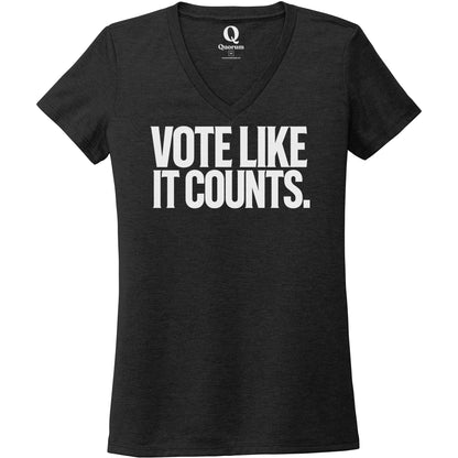 "Vote like it counts." Quorum Women's Tri-Blend V-Neck editorial print in Space Black
