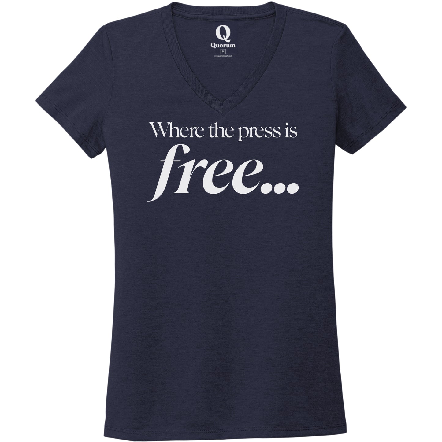 "Where the press is free." Quorum Women's Tri-Blend V-Neck editorial print in Night Sky Navy