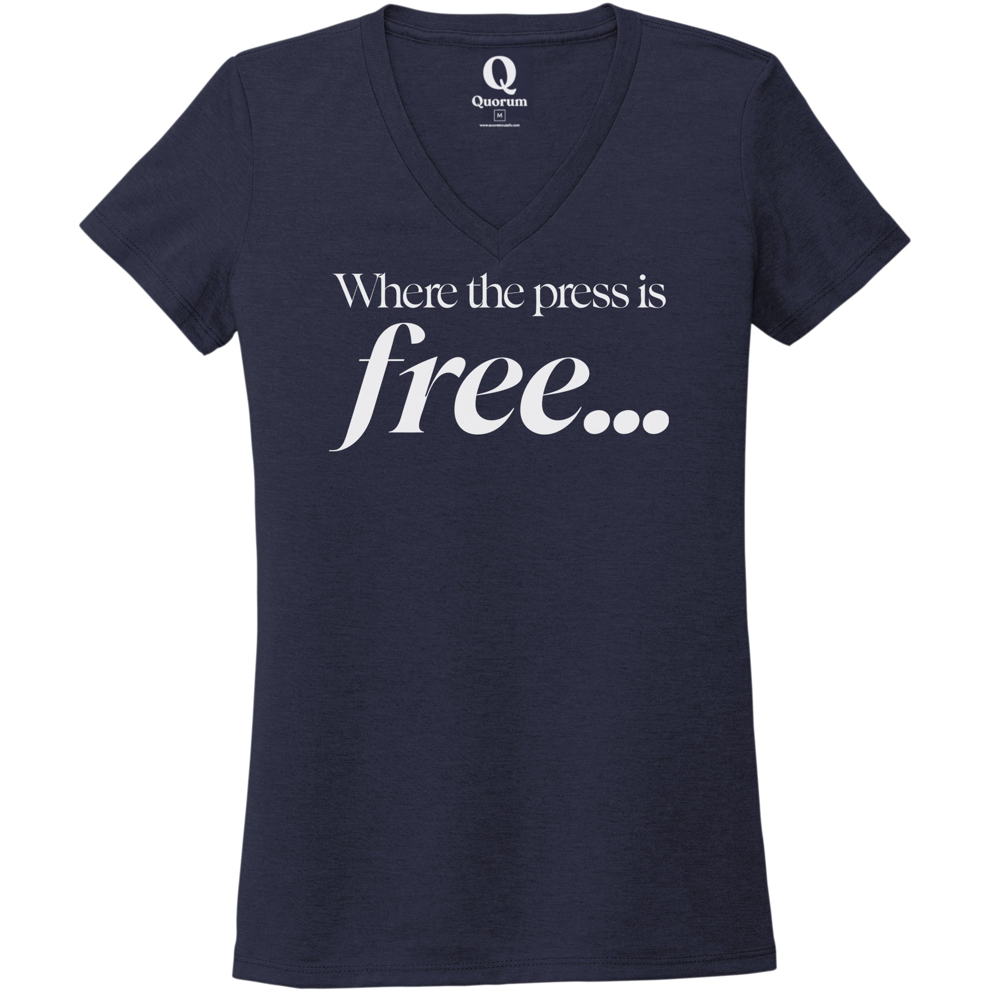 "Where the press is free." Quorum Women's Tri-Blend V-Neck editorial print in Night Sky Navy