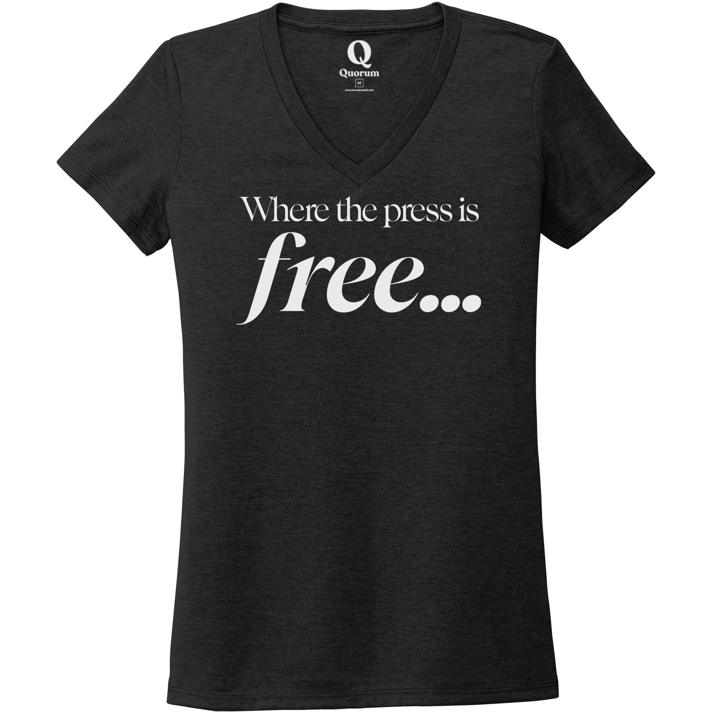 "Where the press is free." Quorum Women's Tri-Blend V-Neck editorial print in Space Black