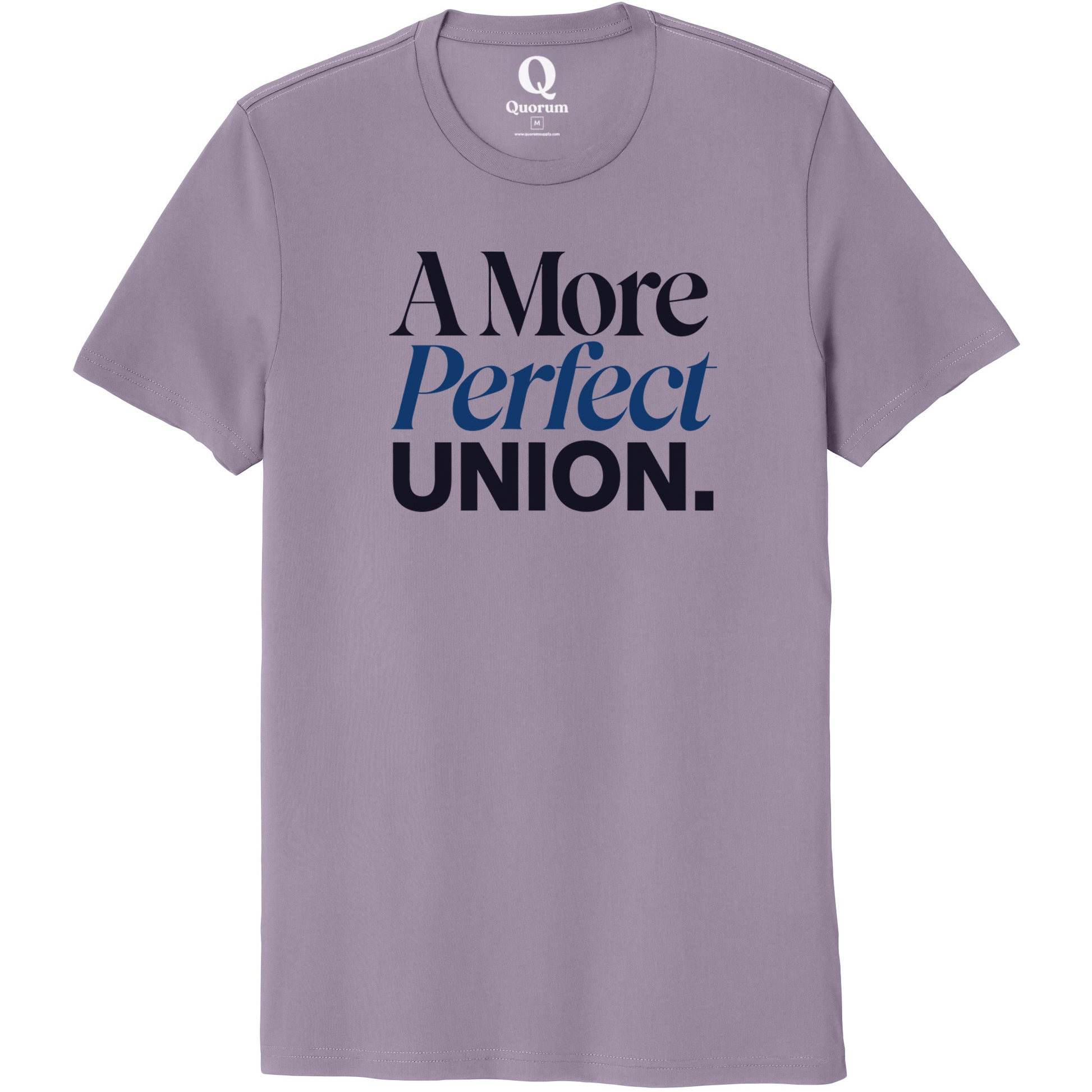 "A More Perfect Union." Quorum Unisex 100% Organic Cotton Tee front print in Cosmic Purple