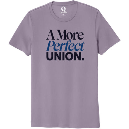 "A More Perfect Union." Quorum Unisex 100% Organic Cotton Tee front print in Cosmic Purple