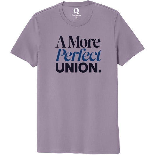 "A More Perfect Union." Quorum Unisex 100% Organic Cotton Tee front print in Cosmic Purple