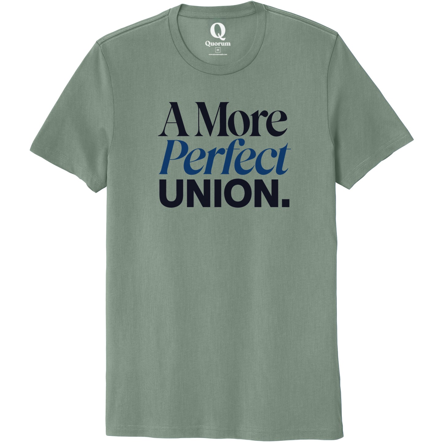 "A More Perfect Union." Quorum Unisex 100% Organic Cotton Tee front print in Matcha Green