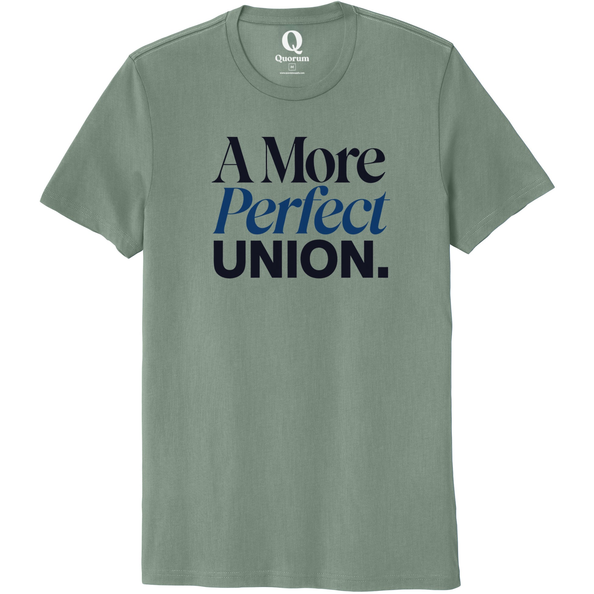 "A More Perfect Union." Quorum Unisex 100% Organic Cotton Tee front print in Matcha Green