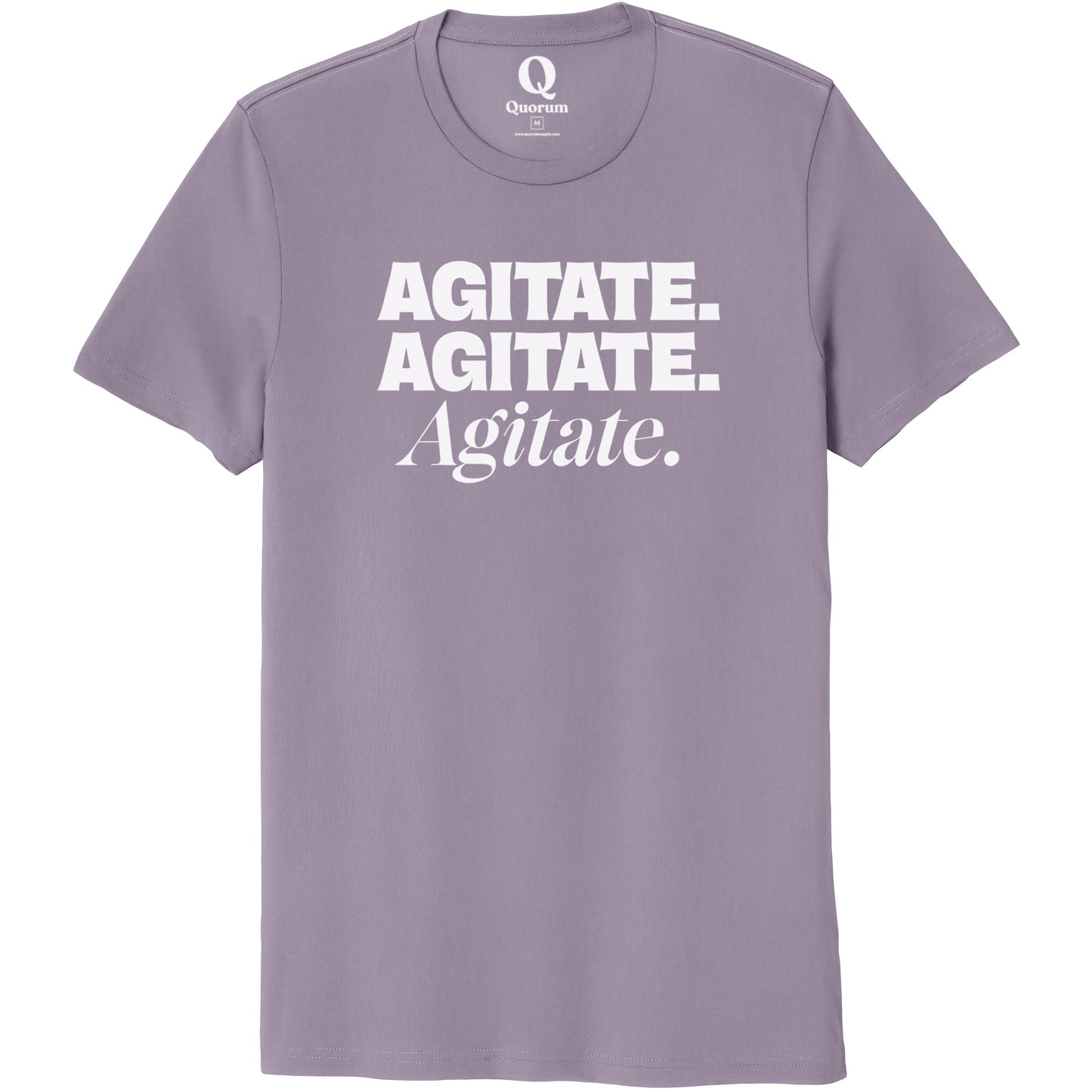"Agitate. Agitate. Agitate." Quorum Unisex 100% Organic Cotton Tee editorial print in Cosmic Purple