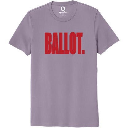 "Ballot." Quorum Unisex 100% Organic Cotton Tee front print in Cosmic Purple