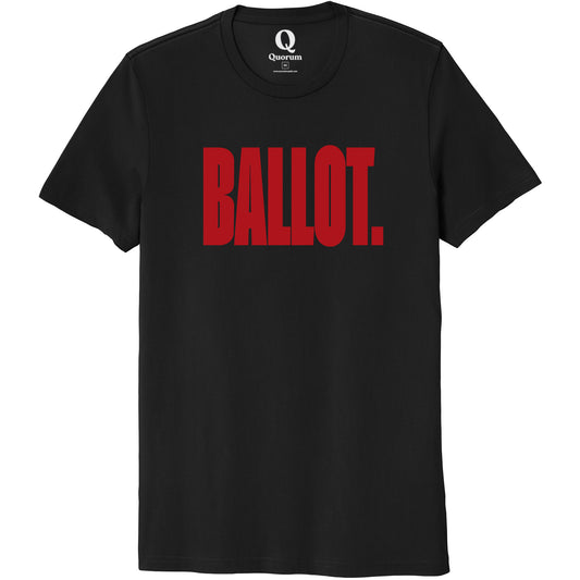 "Ballot." Quorum Unisex 100% Organic Cotton Tee front print in Deep Black