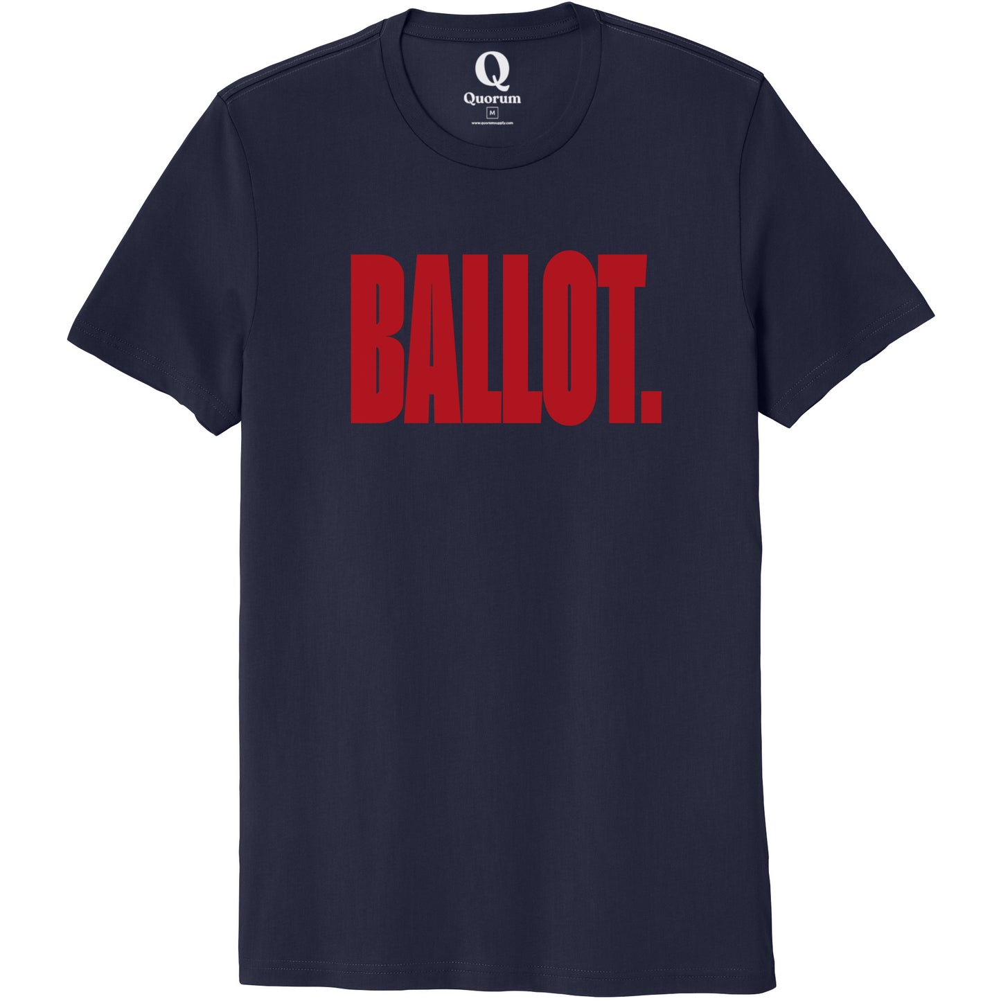 "Ballot." Quorum Unisex 100% Organic Cotton Tee front print in Night Sky Navy