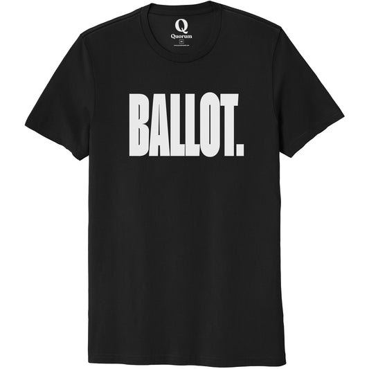 "Ballot." Quorum Unisex 100% Organic Cotton Tee editorial print in Deep Black