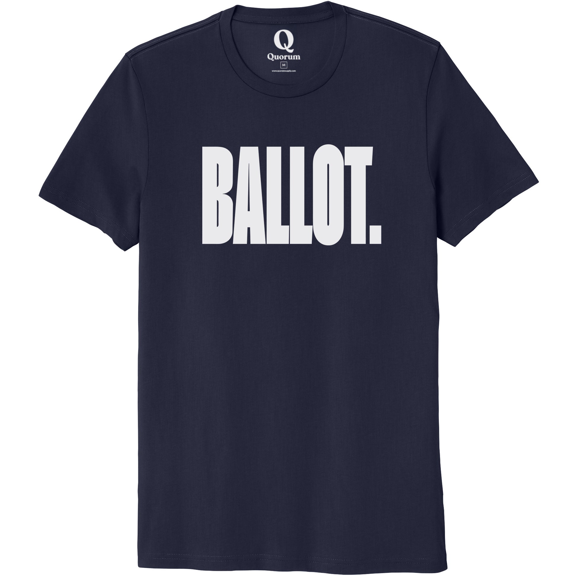 "Ballot." Quorum Unisex 100% Organic Cotton Tee editorial print in Night Sky Navy