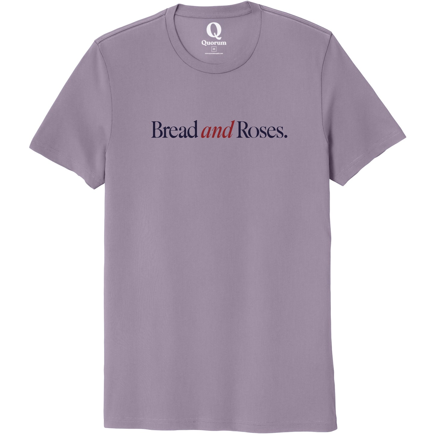 "Bread and Roses." Quorum Unisex 100% Organic Cotton Tee front print in Cosmic Purple