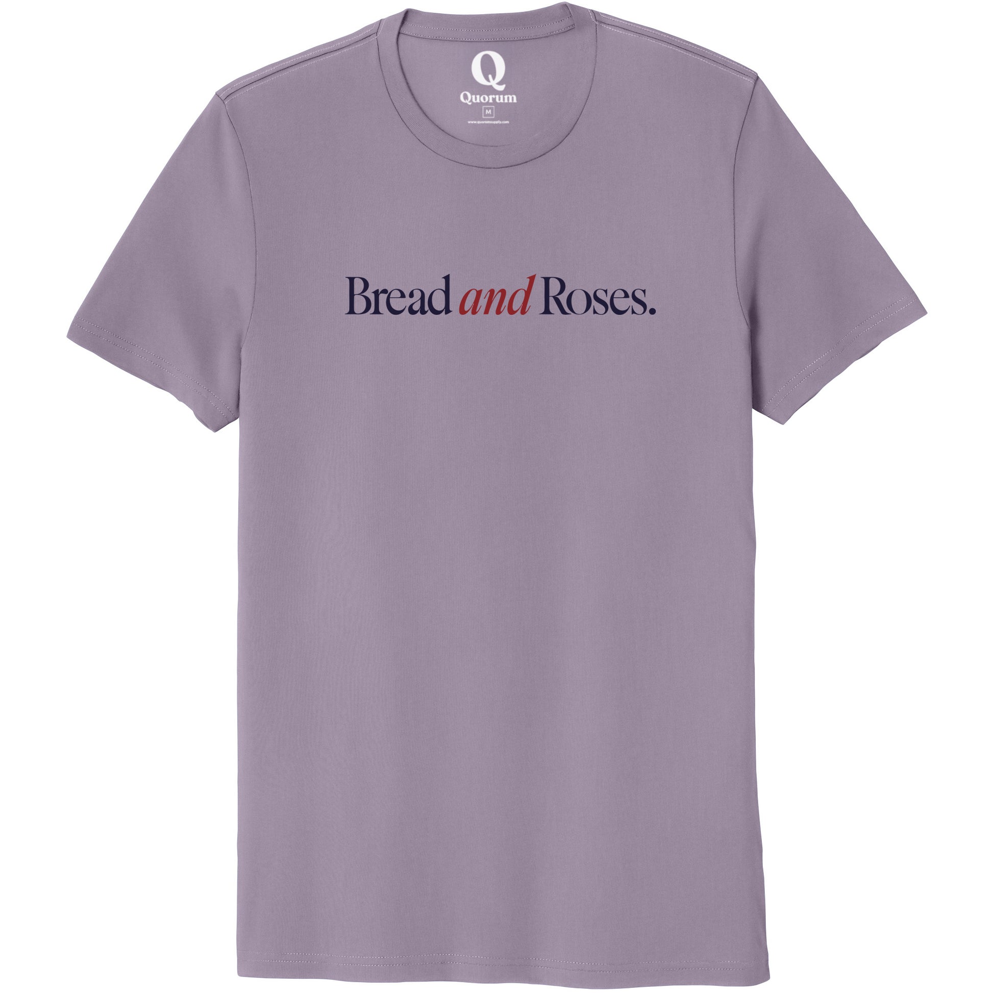 "Bread and Roses." Quorum Unisex 100% Organic Cotton Tee front print in Cosmic Purple