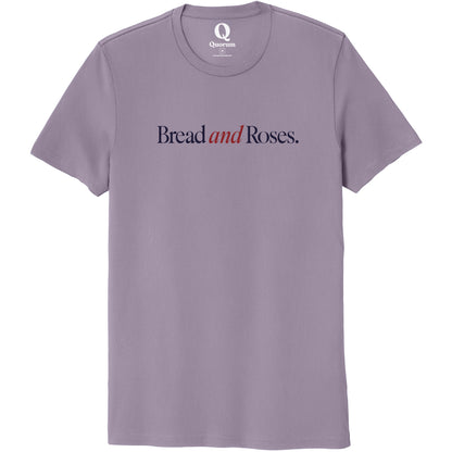 "Bread and Roses." Quorum Unisex 100% Organic Cotton Tee front print in Cosmic Purple