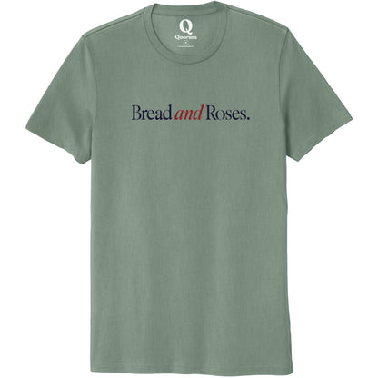 "Bread and Roses." Quorum Unisex 100% Organic Cotton Tee front print in Matcha Green