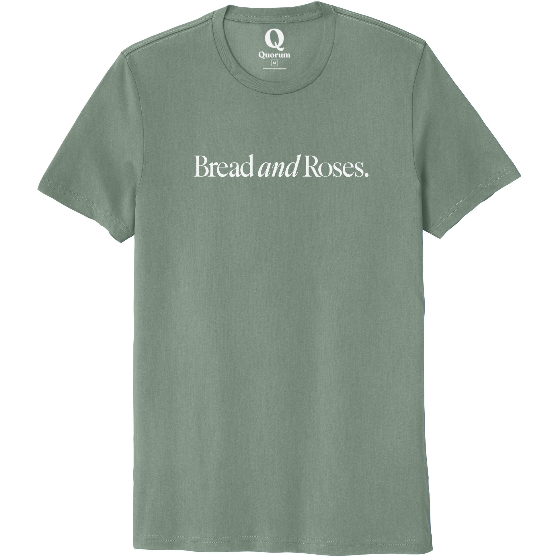 "Bread and Roses." Quorum Unisex 100% Organic Cotton Tee editorial print in Matcha Green