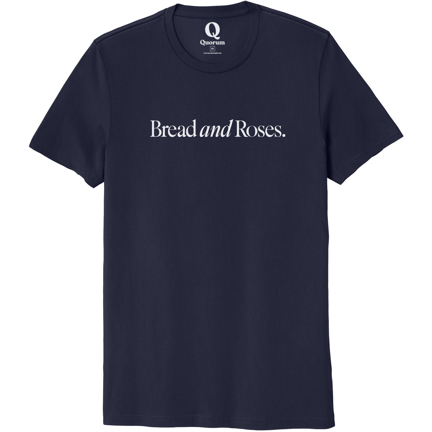 "Bread and Roses." Quorum Unisex 100% Organic Cotton Tee editorial print in Night Sky Navy
