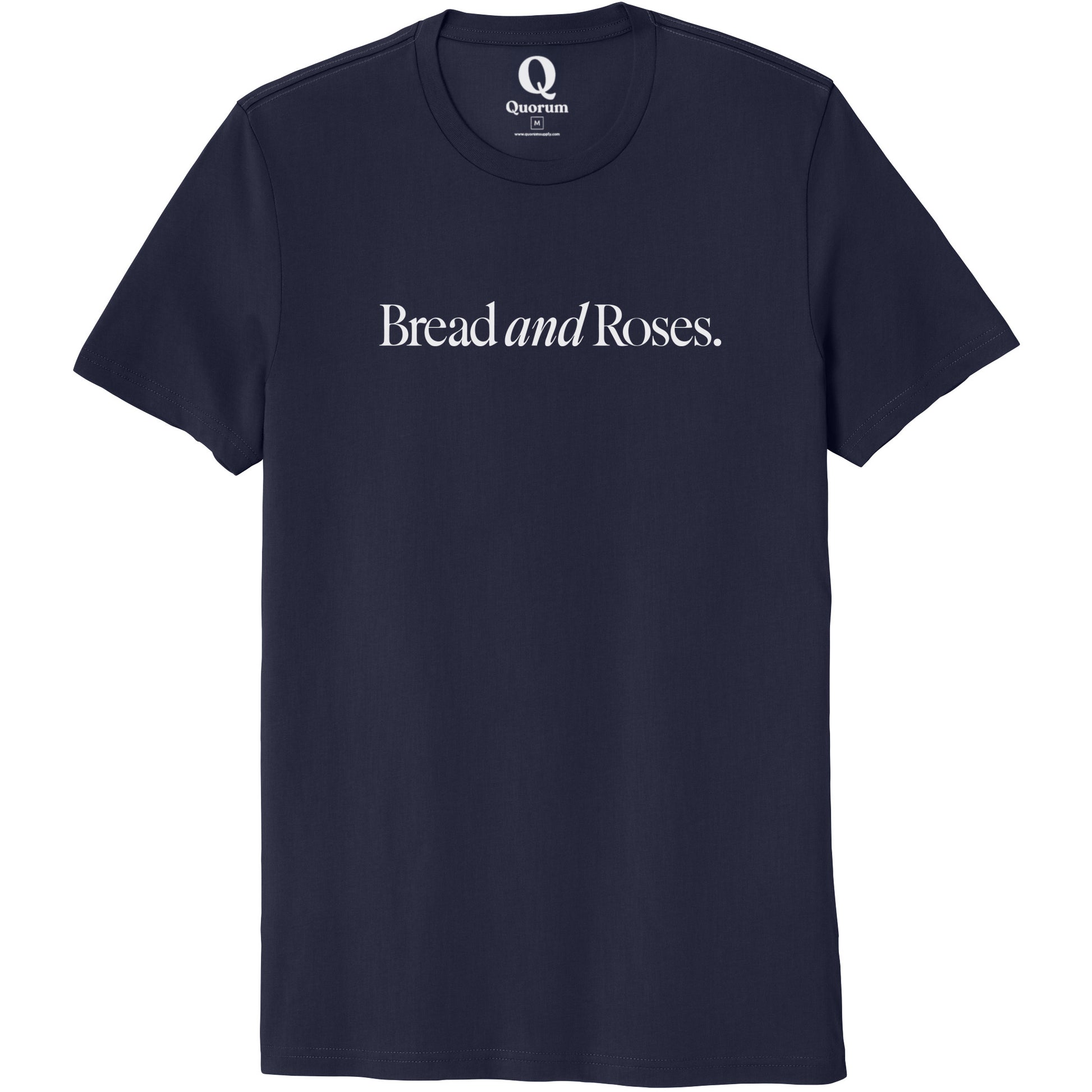 "Bread and Roses." Quorum Unisex 100% Organic Cotton Tee editorial print in Night Sky Navy