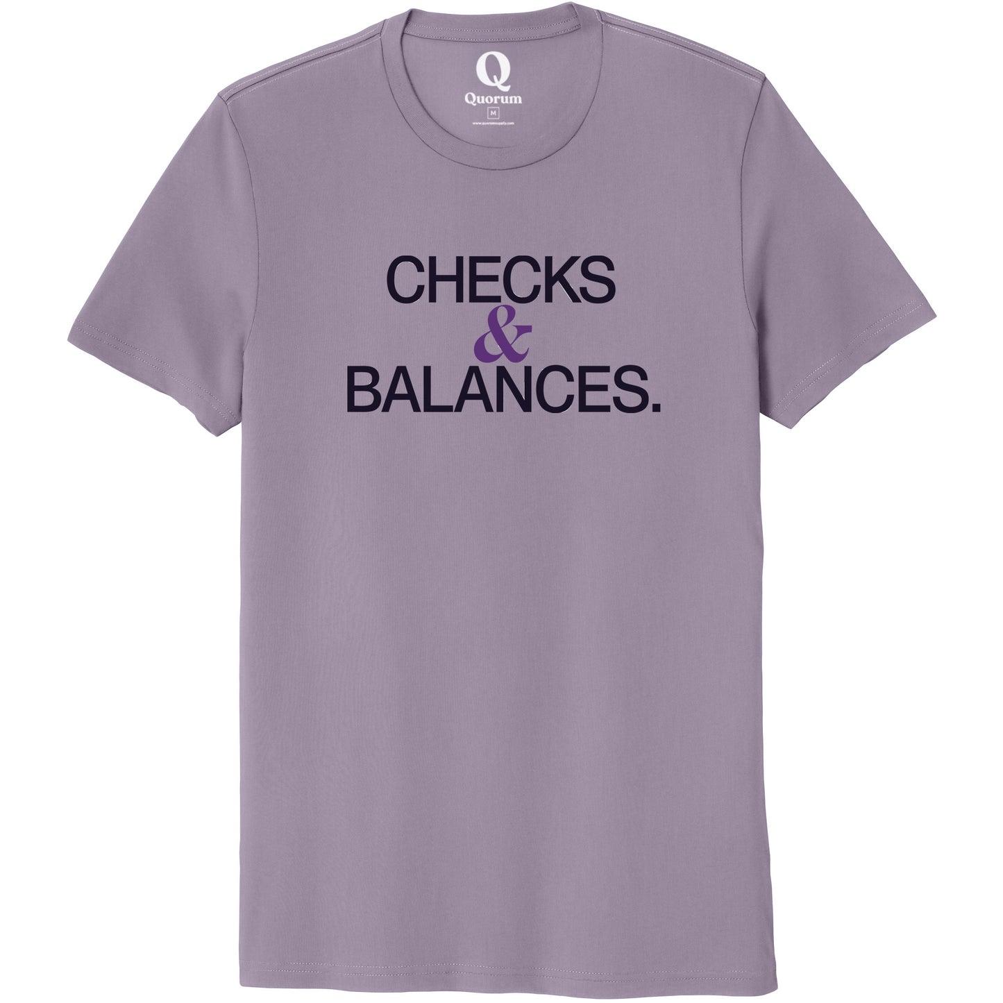 "Checks & Balances." Quorum Unisex 100% Organic Cotton Tee front print in Cosmic Purple