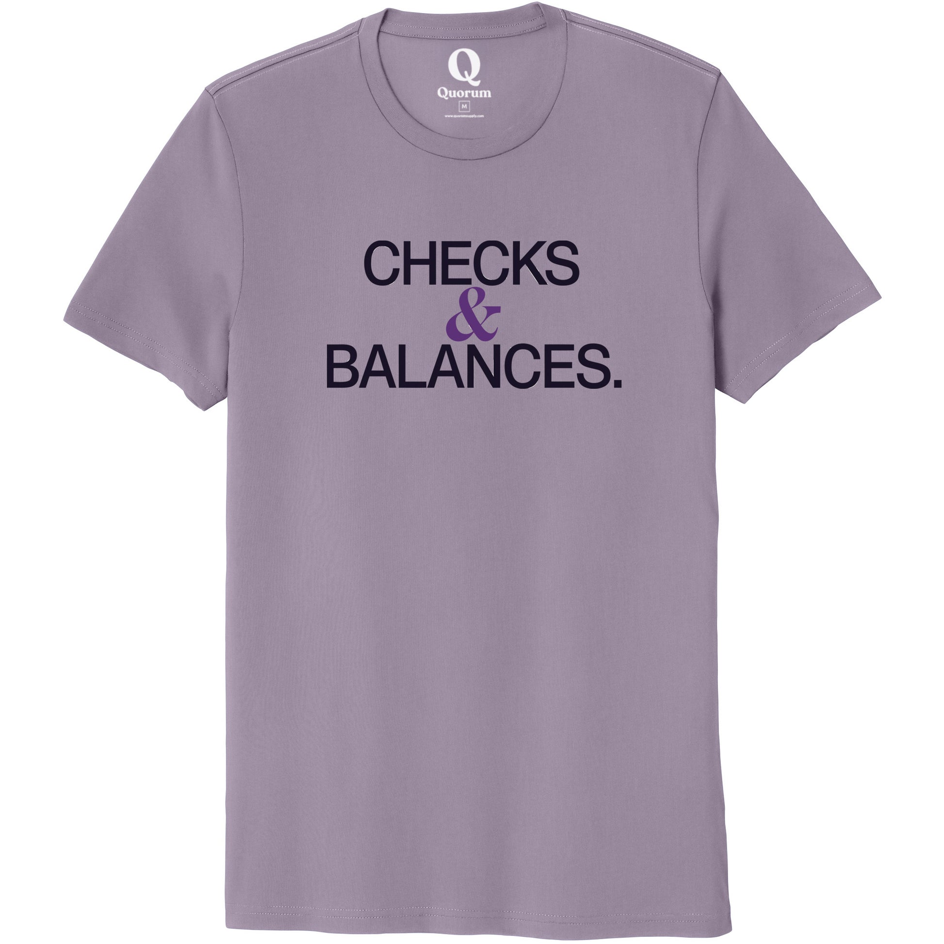 "Checks & Balances." Quorum Unisex 100% Organic Cotton Tee front print in Cosmic Purple