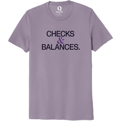 "Checks & Balances." Quorum Unisex 100% Organic Cotton Tee front print in Cosmic Purple