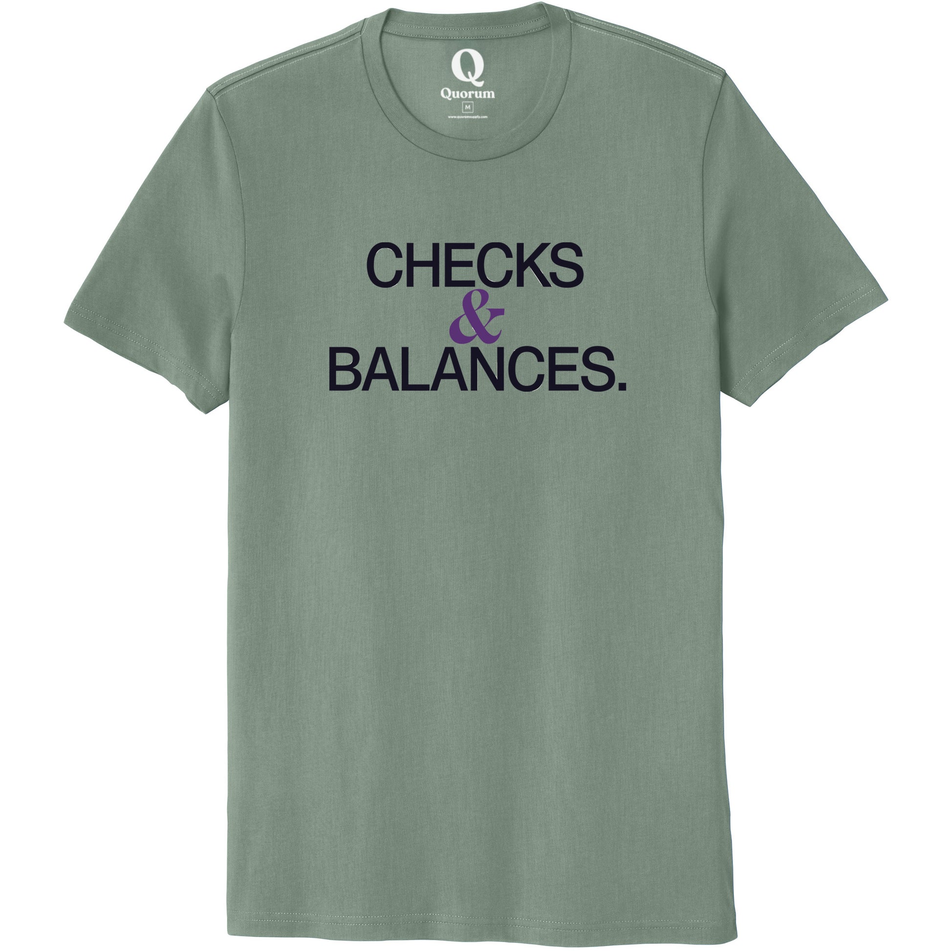 "Checks & Balances." Quorum Unisex 100% Organic Cotton Tee front print in Matcha Green