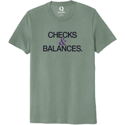 "Checks & Balances." Quorum Unisex 100% Organic Cotton Tee front print in Matcha Green