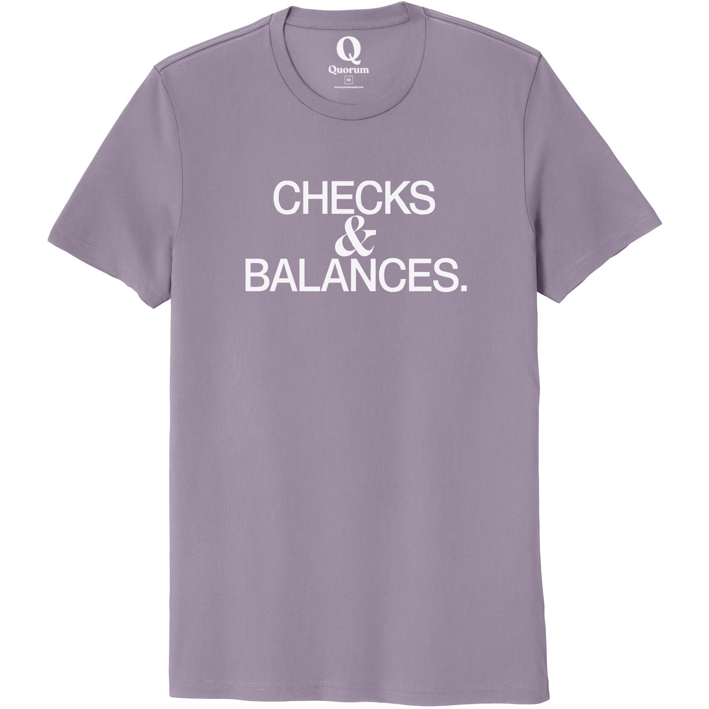 "Checks & Balances." Quorum Unisex 100% Organic Cotton Tee editorial print in Cosmic Purple