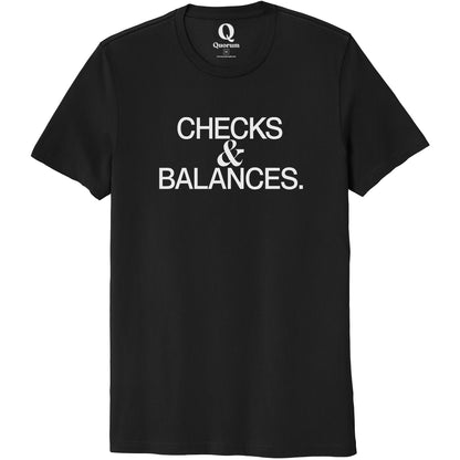 "Checks & Balances." Quorum Unisex 100% Organic Cotton Tee editorial print in Deep Black