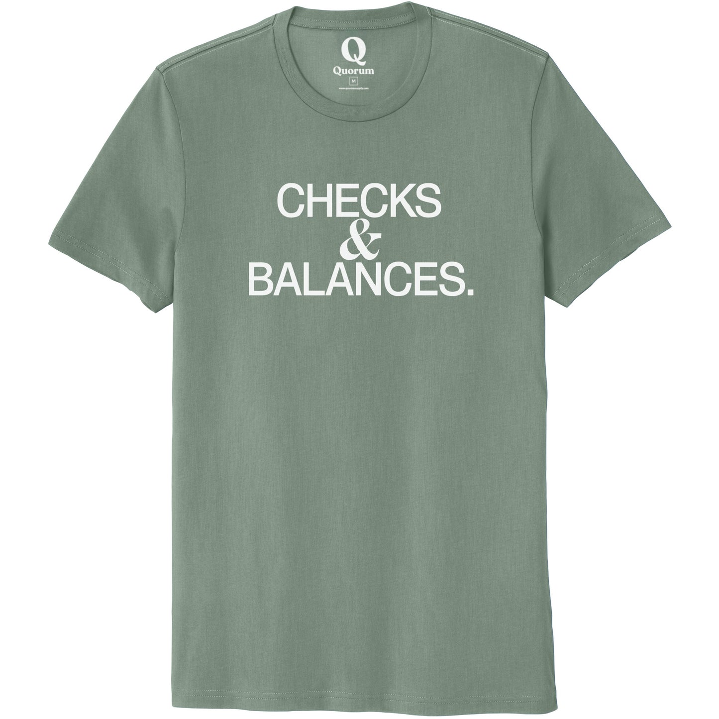 "Checks & Balances." Quorum Unisex 100% Organic Cotton Tee editorial print in Matcha Green