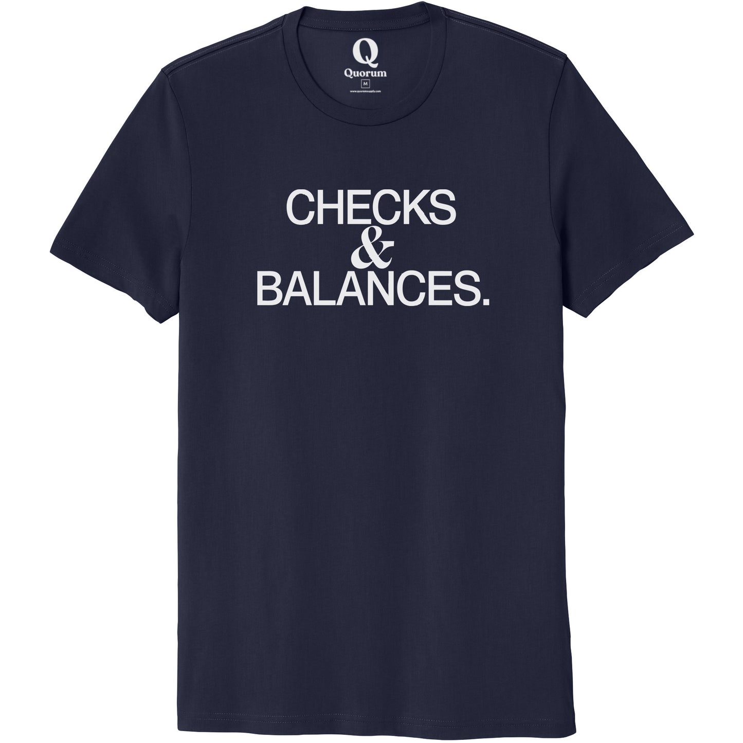 "Checks & Balances." Quorum Unisex 100% Organic Cotton Tee editorial print in Night Sky Navy