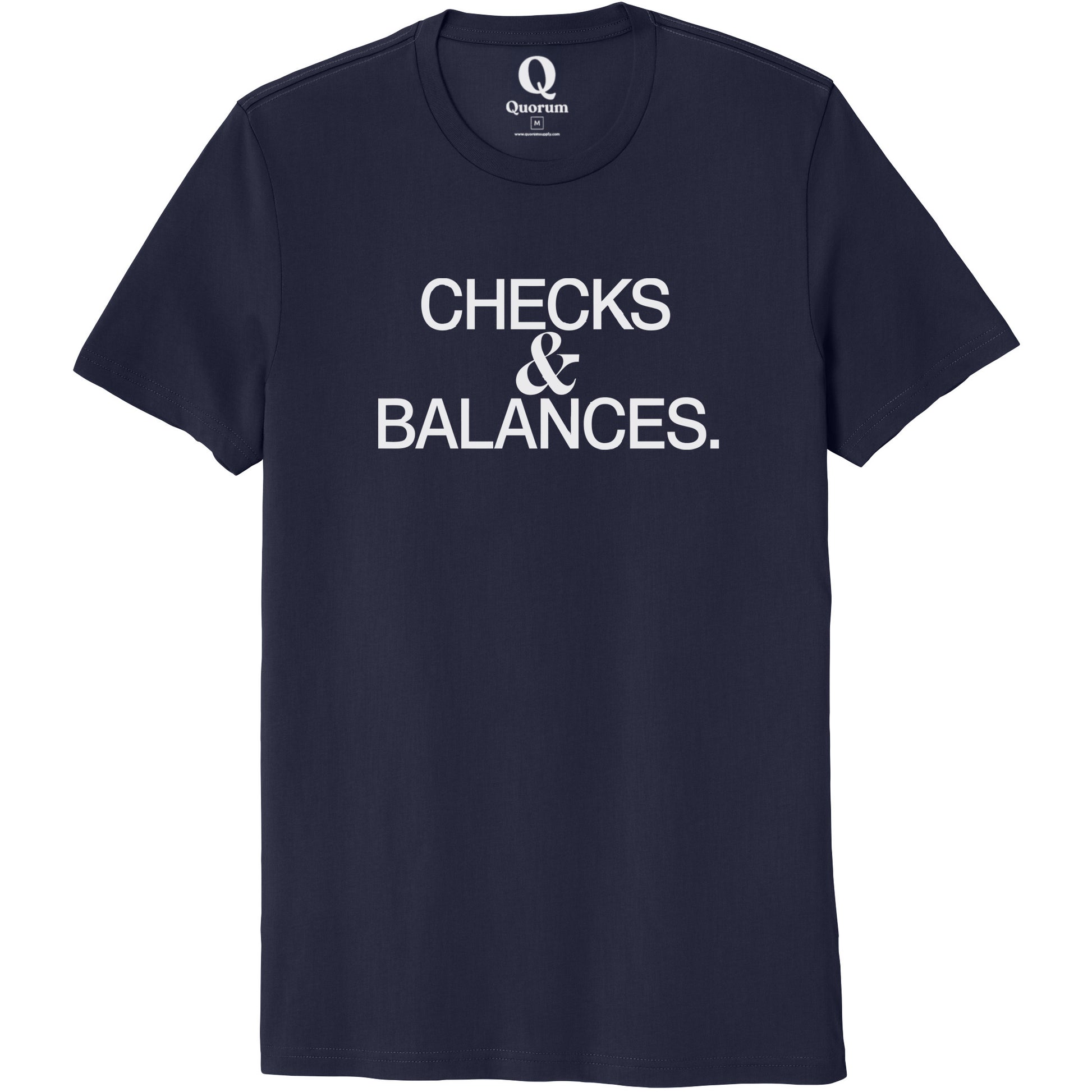 "Checks & Balances." Quorum Unisex 100% Organic Cotton Tee editorial print in Night Sky Navy