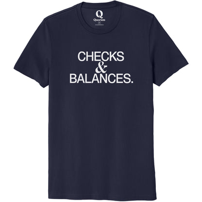 "Checks & Balances." Quorum Unisex 100% Organic Cotton Tee editorial print in Night Sky Navy