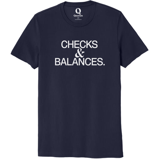 "Checks & Balances." Quorum Unisex 100% Organic Cotton Tee editorial print in Night Sky Navy