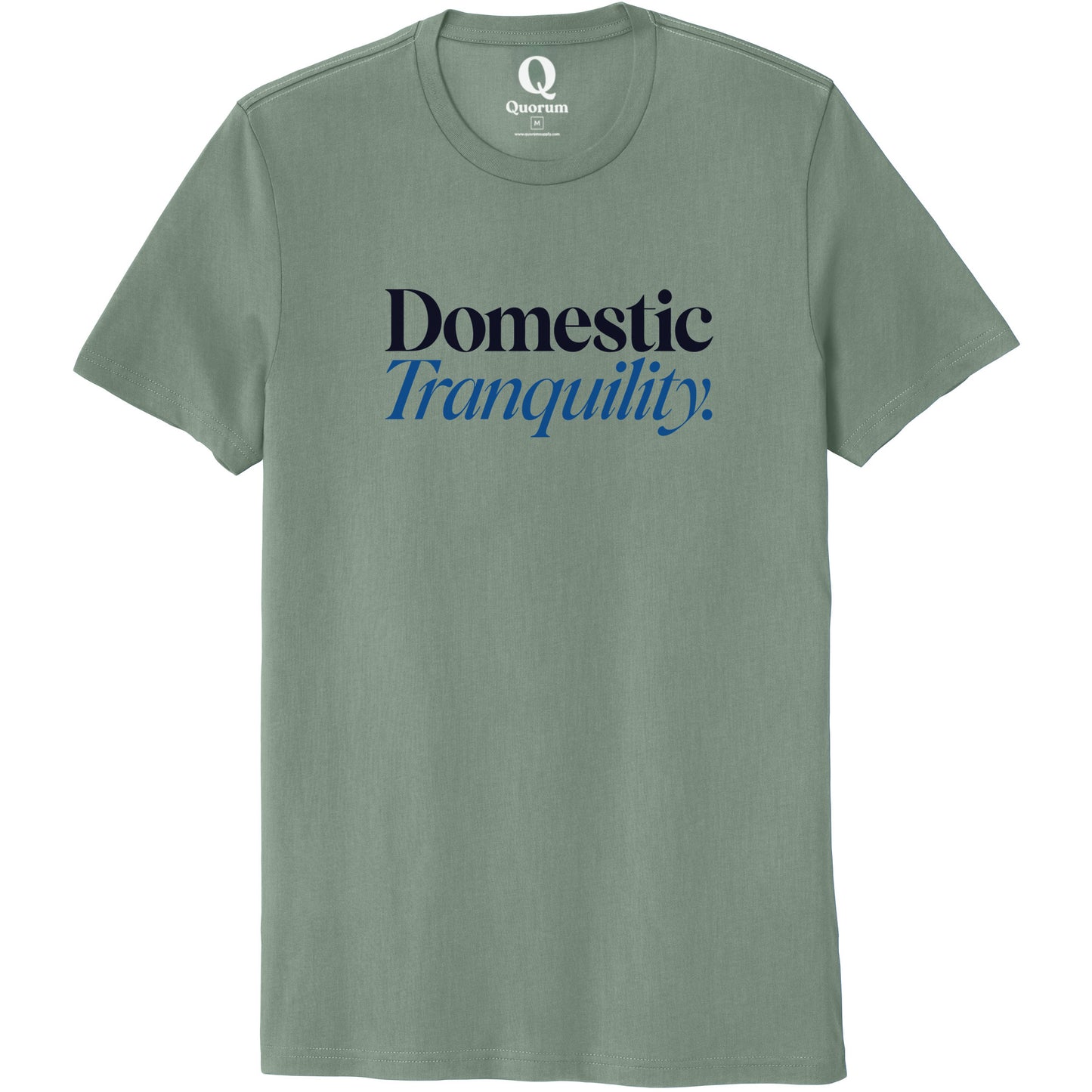 "Domestic Tranquility." Quorum Unisex 100% Organic Cotton Tee front print in Matcha Green