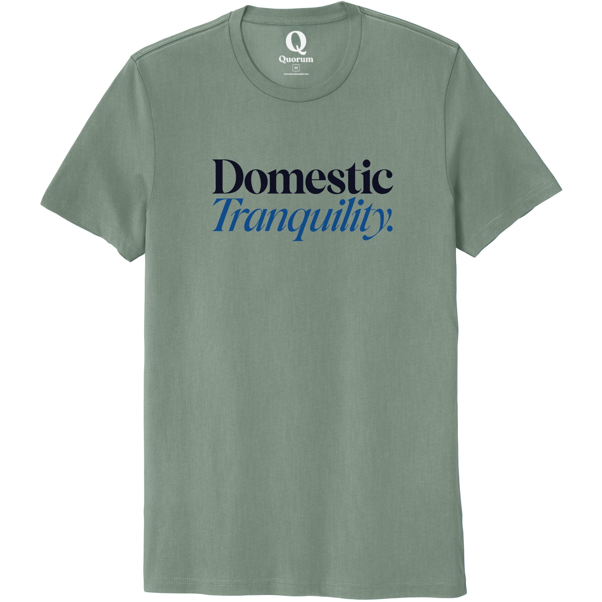 "Domestic Tranquility." Quorum Unisex 100% Organic Cotton Tee front print in Matcha Green