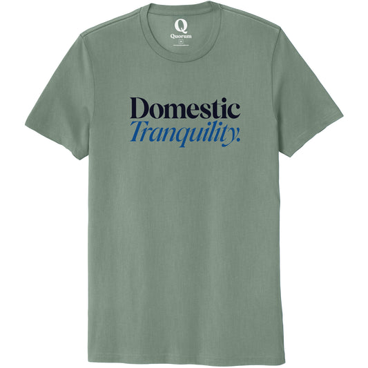 "Domestic Tranquility." Quorum Unisex 100% Organic Cotton Tee front print in Matcha Green
