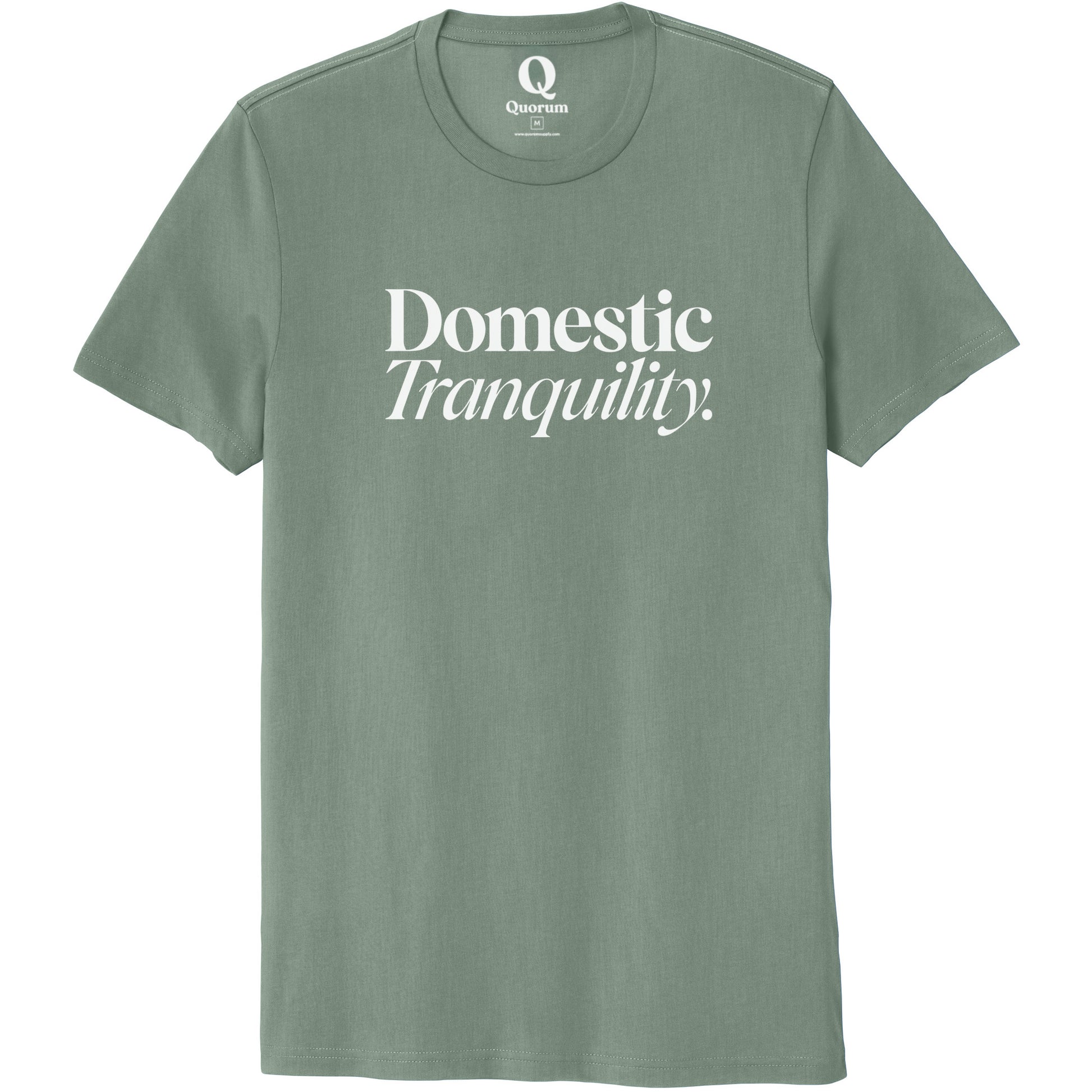 "Domestic Tranquility." Quorum Unisex 100% Organic Cotton Tee editorial print in Matcha Green